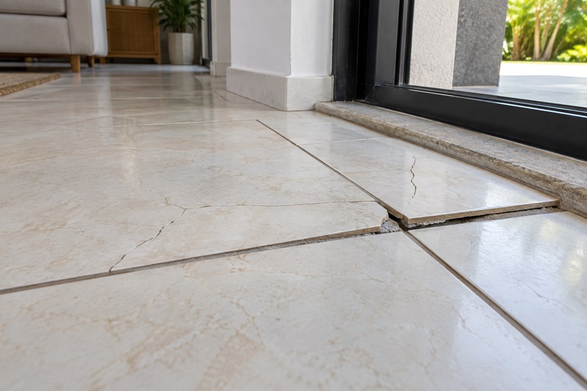 Ilustración de baldosas agrietadas y desniveladas en una propiedad